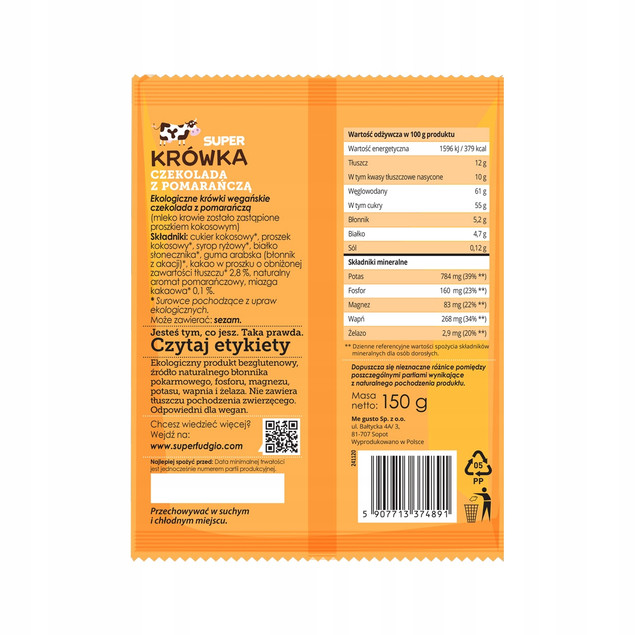 Krówki Wegańskie Czekolada z Pomarańczą BIO Super Krówka 150g