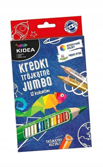 Kredki Trójkątne Grube Szkolne 12 Kolorów Jumbo Kidea KTG12KA