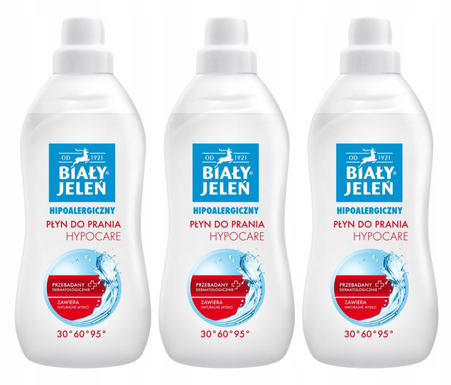3x BIAŁY JELEŃ Płyn Do Prania HYPOCARE Do Tkanin BIAŁYCH i KOLOROWYCH 1 L