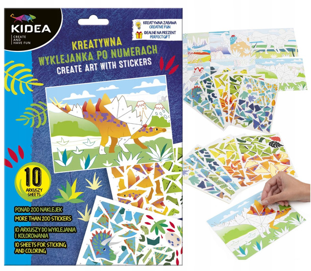Creative colouring book by numbers Dinozaury Kidea (10 sheets, 200 stickers)