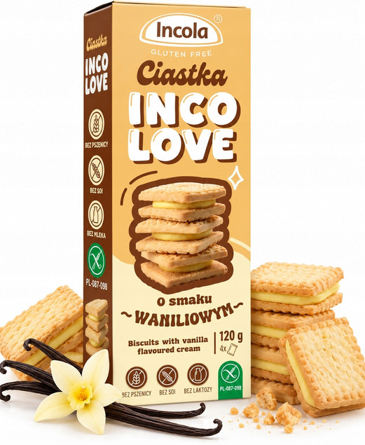 INCOLOVE Bezglutenowe Ciastka Waniliowe 120g (bez glutenu, soi)