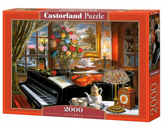 PUZZLE 2000 KWIATY PIANINO SKRZYPCE WIDOK WAZON BUKIET CASTORLAND