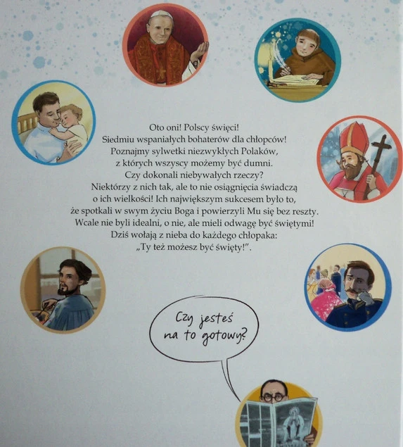 Ilustrowane strony książki o polskich świętych