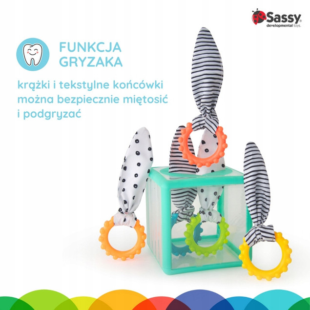 Sassy Kostka Sensoryczna Manipulacyjna Montessori Zielona z Krążkami 12m+