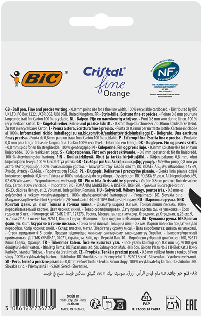 Zestaw 8x Długopis BIC Cristal Orange Fine 0.8mm Niebieski – Precyzyjna Linia
