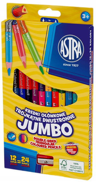 Kredki ołówkowe trójkątne dwustronne Jumbo 12=24 - Astra