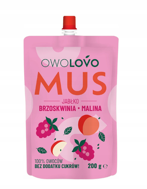 OWOLOVO PREMIUM mus owocowy JABŁKO BRZOSKWINIA MALINA 200g SMAK 3owoce