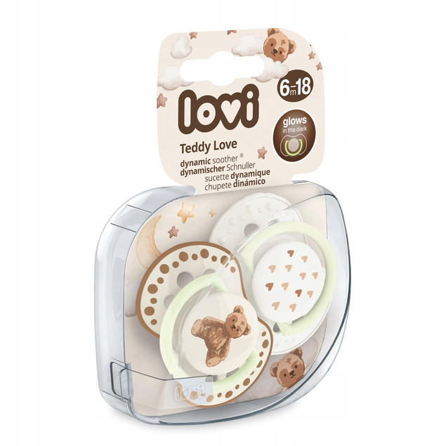 Smoczek Silikonowy Dynamiczny LOVI 6-18m + 2 szt. MIŚ Teddy Świecący