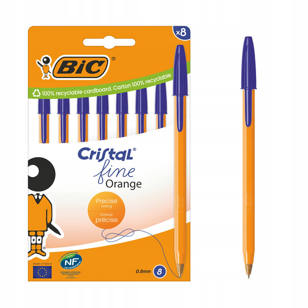 Zestaw 8x Długopis BIC Cristal Orange Fine 0.8mm Niebieski – Precyzyjna Linia