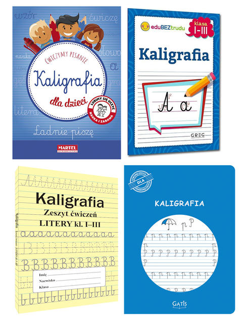 Pakiet 4w1 Kaligrafia dla dzieci klasa 1-3 Ćwiczymy pisanie Zeszyt Ćwiczeń