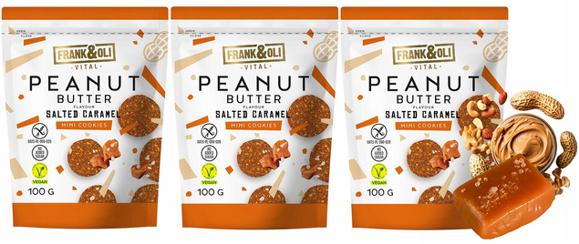 FRANK&OLI Ciasteczka Mini MASŁO ORZECHOWE SŁONY KARMEL Białko 100g x3