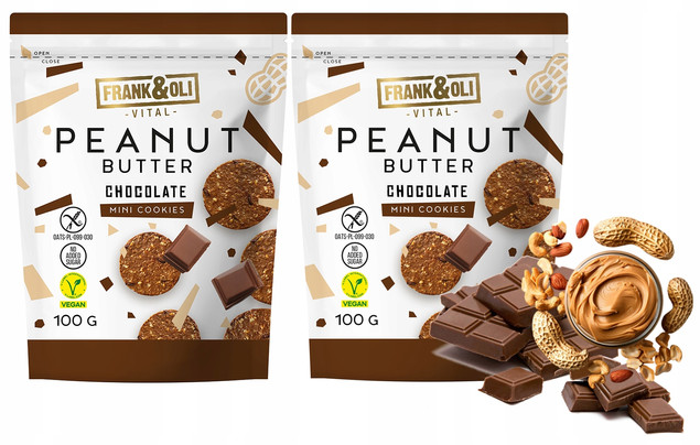 FRANK&OLI Ciasteczka Mini MASŁO ORZECHOWE CZEKOLADA Białko Błonnik 100g x2