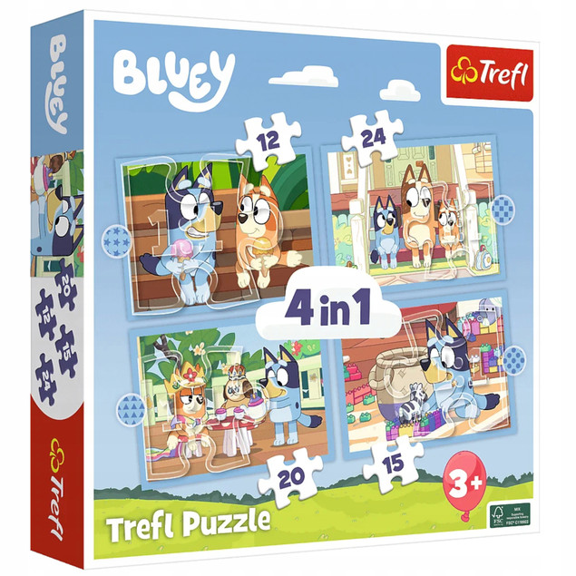 Trefl Puzzle 4w1 Bluey i jej świat – Zestaw Układanek dla Dzieci 4+