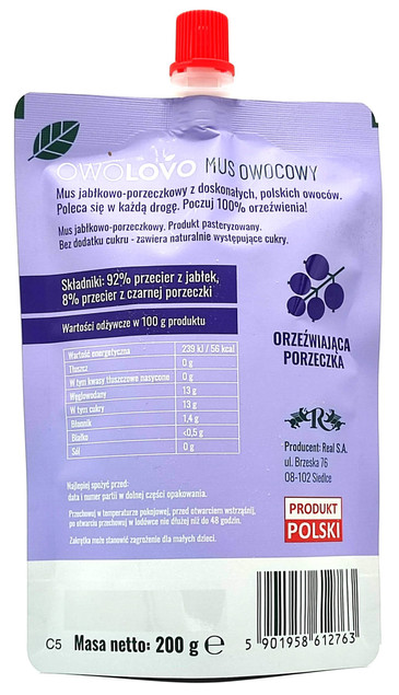 Mus Jabłkowo-Porzeczkowy OwoLovo 200g – bez cukru, od 6 miesięcy