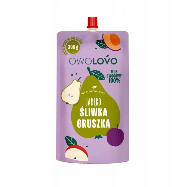 OWOLOVO Mus Owocowy 100% JABŁKO ŚLIWKA GRUSZKA Bez Dodatku Cukru 300g