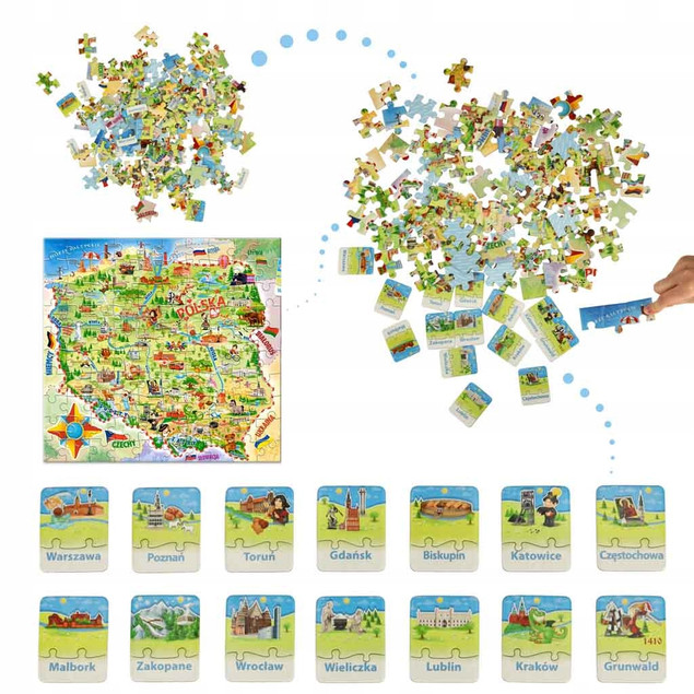 Puzzle 100 Układanka MAPA POLSKI Dla Dzieci 28 Puzzli z Miastami 6+ Castor