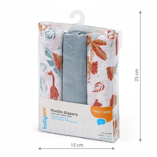 BABYONO PIELUCHY PIELUSZKI MUŚLINOWE 100% BAWEŁNA SOFT 70x70cm 3szt 348/07