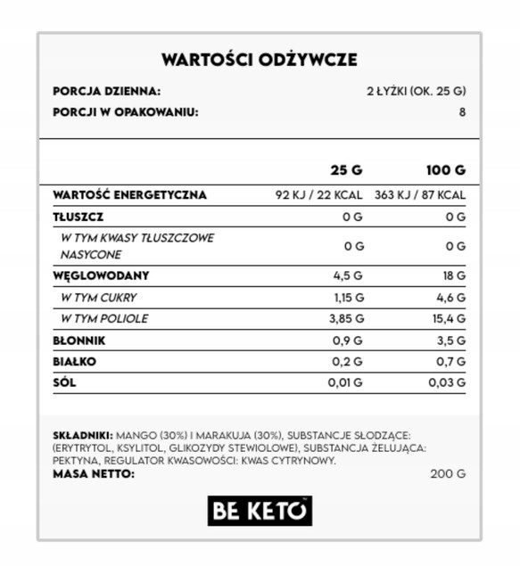 BEKETO Keto Dżem Mango Marakuja 200g – Bez Cukru, Wegański