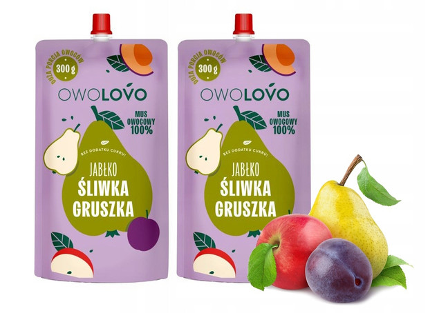 OWOLOVO Mus Owocowy 100% JABŁKO ŚLIWKA GRUSZKA Bez Dodatku Cukru 300g x2