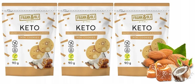 FRANK&OLI Keto Mini Ciasteczka SŁONY KARMEL KOKOS MIGDAŁY Bez Cukru 90g x3