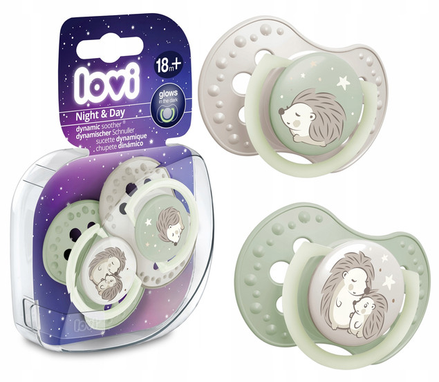 LOVI Smoczek Silikonowy Dynamiczny 2 Sztuki Day&Night JEŻ Jeże 18M+ 22/931