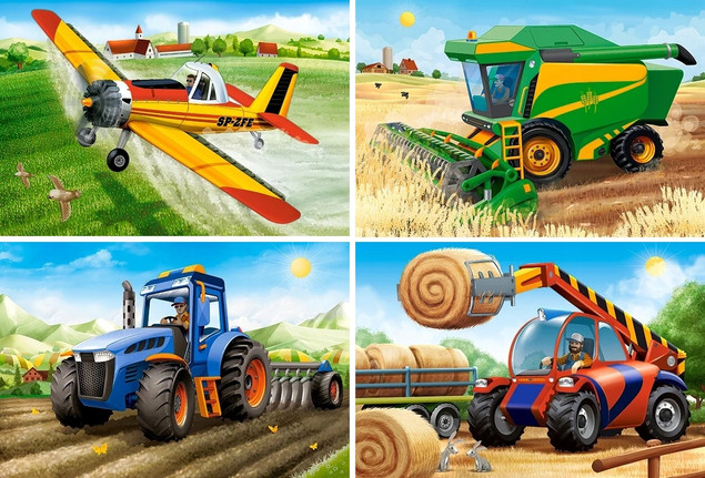 Puzzle 4w1 Układanka Wieś POJAZDY ROLNE Traktor Samolot Pole 4+ Castorland