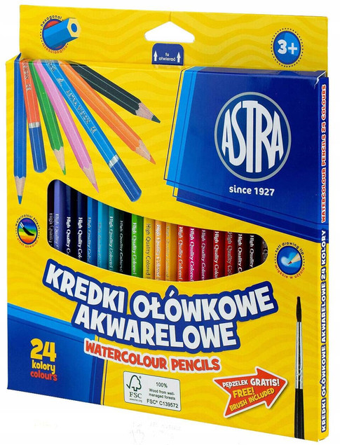 Kredki akwarelowe 24 kolory z pędzlem Astra