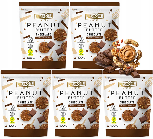 FRANK&OLI Ciasteczka Mini MASŁO ORZECHOWE CZEKOLADA Białko Błonnik 100g x5