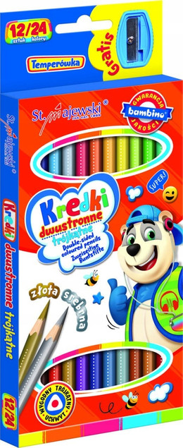 Kredki Szkolne Trójkątne Dwustronne 24 Kolory 12 Sztuk Temperówka Bambino