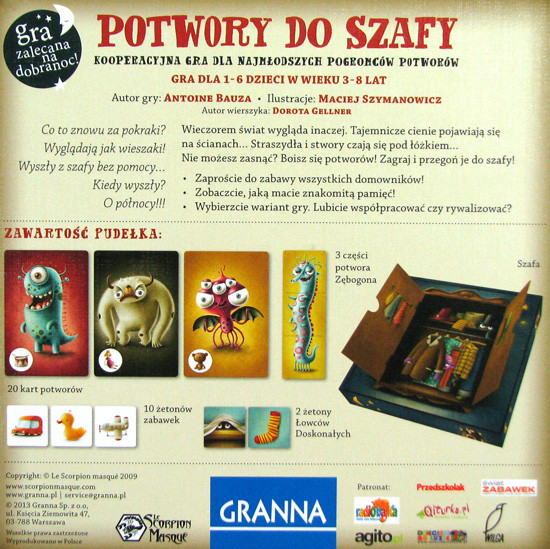 Gra Rodzinna POTWORY DO SZAFY Kooperacyjna Pamięciowa Na Dobranoc 3+ Granna