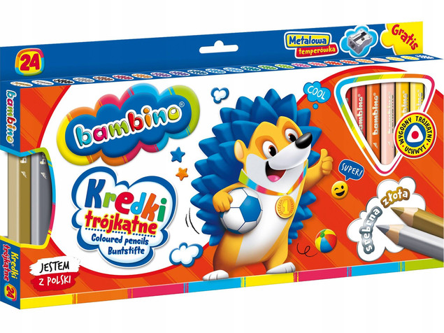 Kredki Bambino Trójkątne Grube 24 Kolory Z Glinki Kaolinowej +Temperówka