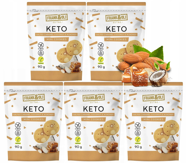 FRANK&OLI Keto Mini Ciasteczka SŁONY KARMEL KOKOS MIGDAŁY Bez Cukru 90g x5