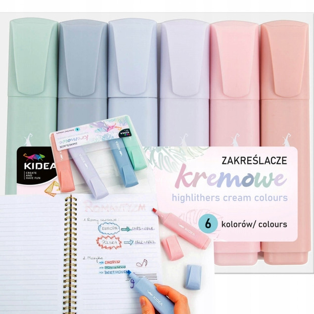 Zakreślacze Kremowe PASTEL 6 Kolorów Kidea