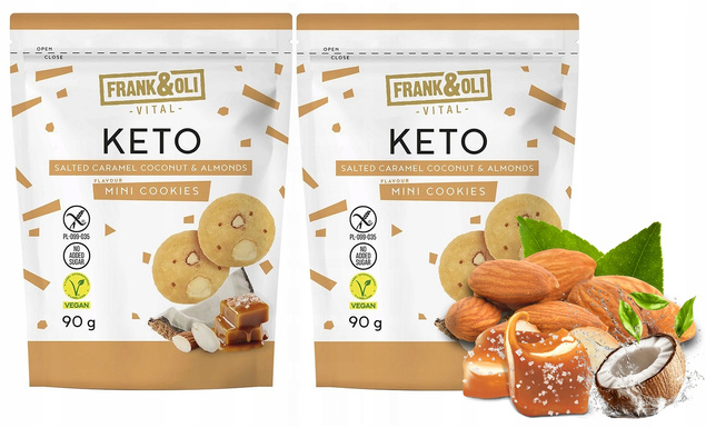 FRANK&OLI Keto Mini Ciasteczka SŁONY KARMEL KOKOS MIGDAŁY Bez Cukru 90g x2