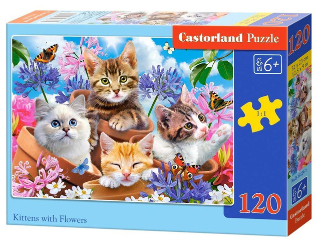 PUZZLE 120 UKŁADANKA DLA DZIECI ZWIERZĘTA KOTY KWIATY MOTYL KOTKI 6+ CASTOR