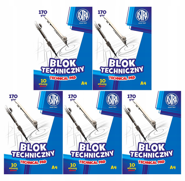5x Blok techniczny BIAŁY Dla Dzieci Szkoła Plastyka A4/10k 170g Astra