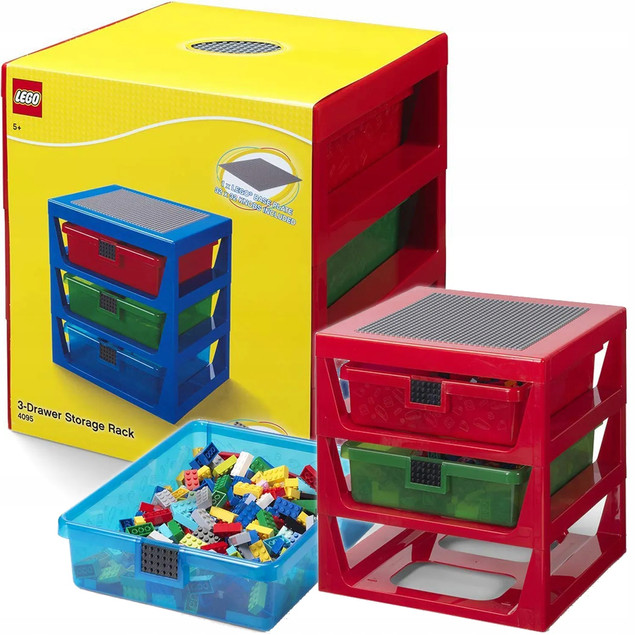 LEGO Regał-Sorter Klocków z 3 Szufladami i Płytką Konstrukcyjną Czerwony