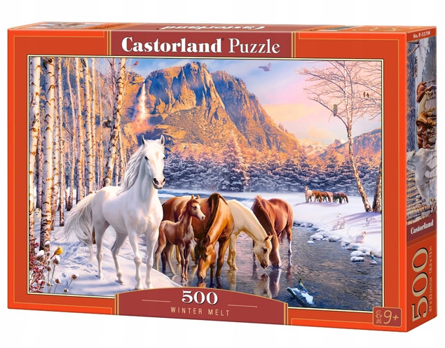 Puzzle 500 Zima KONIE Góry Rzeka Las - Castorland
