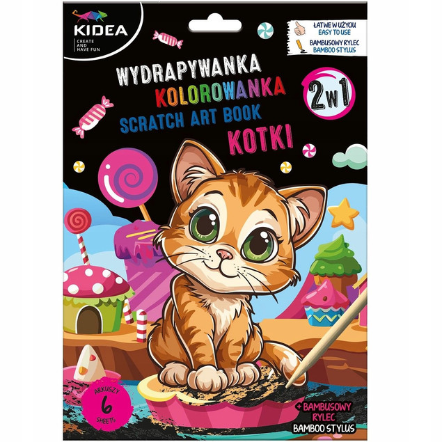 Wydrapywanka Kolorowanka Kotki 6 Arkuszy z Rysikiem Kidea