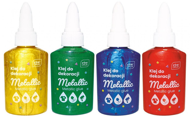 Klej w płynie Interdruk brokatowy metaliczny 4x70g zestaw do Slime i dekoracji