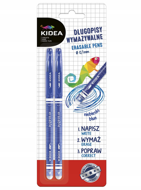 Długopis Zmazywalny Niebieski 0,7 mm Wymazywalny Ścieralny Z Gumką Kidea 2 sztuki