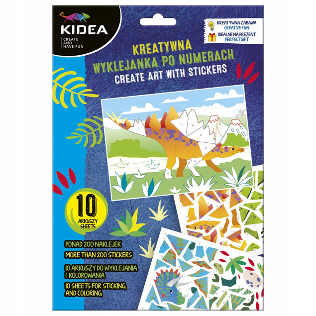 Kreatywna wyklejanka po numerach Dinozaury Kidea (10 arkuszy, 200 naklejek)