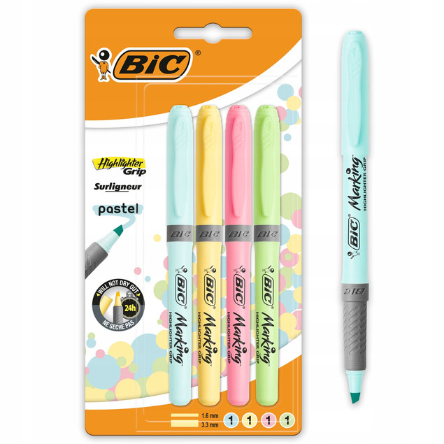 BIC Highlighter GRIP – zestaw 4 zakreślaczy pastelowych