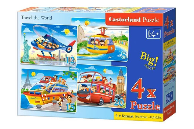 Puzzle 4w1 Układanka Podróż POJAZDY Helikopter Statek Kolejka Autobus 3+