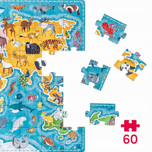 Puzzle 60 Układanka PuzzLove ZWIERZĘTA Mapa Świata Oceany Glob 4+ CzuCzu