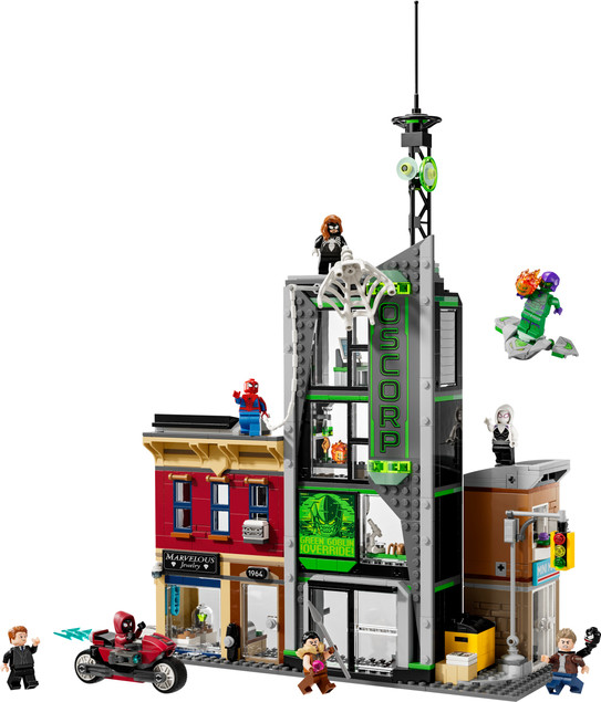 LEGO Marvel 76324 Spider-Man i Oscorp – Zestaw Konstrukcyjny z 8 Minifigurkami