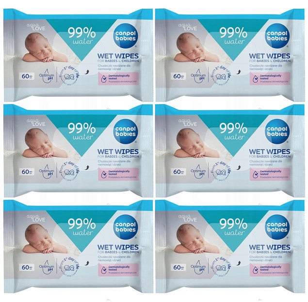 CANPOL Mokre Jednorazowe CHUSTECZKI NAWILŻANE Nawilżone Wodą 99% 14/200 x6