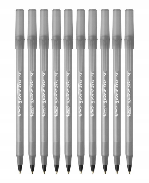 10x Długopis Srebrny BIC Round Stic Medium Classic CZARNY Tusz 1,0mm ZESTAW