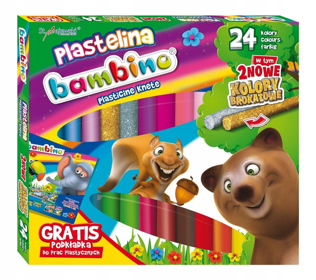 Bambino plastelina szkolna 24 kolory (złota, srebrna brokatowa) + podkładka