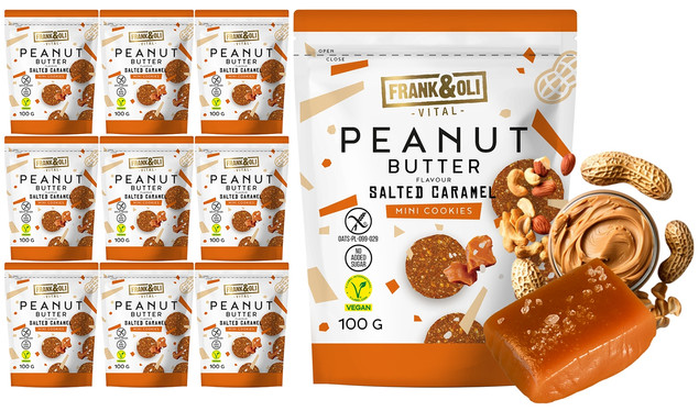 FRANK&OLI Ciasteczka Mini MASŁO ORZECHOWE SŁONY KARMEL Białko 100g x9